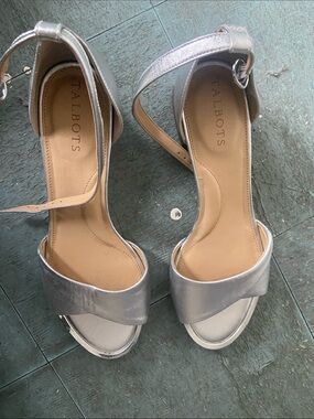 Talbots Metallic Silver Open-Toe Ankle-Strap Heels